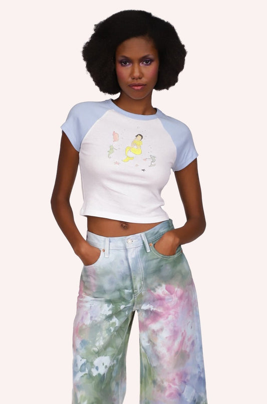 Mermaid Raglan Baby Tee white/blue, short sleeves, above hips, yellow mermaid, ocean design