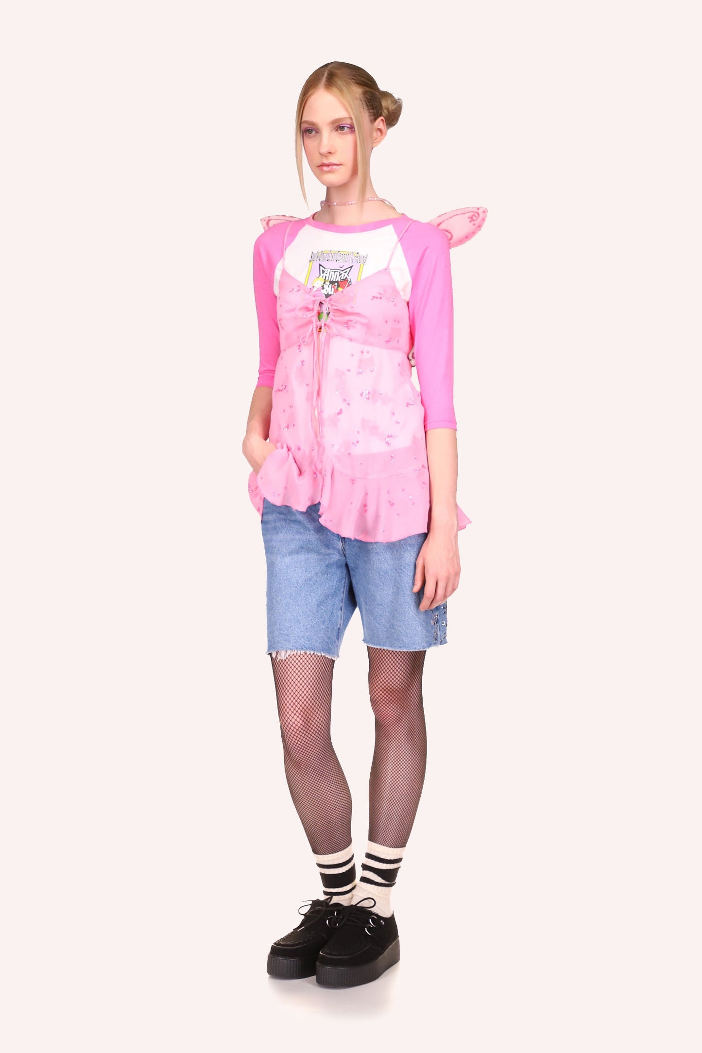 Anna Sui Embroidered Denim Shorts, mid-thigh, zipper, pocket, hems with fringe,  