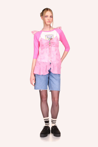 Anna Sui Embroidered Denim Shorts, mid-thigh long, zipper, 2 pocket, zipper hems with fringe