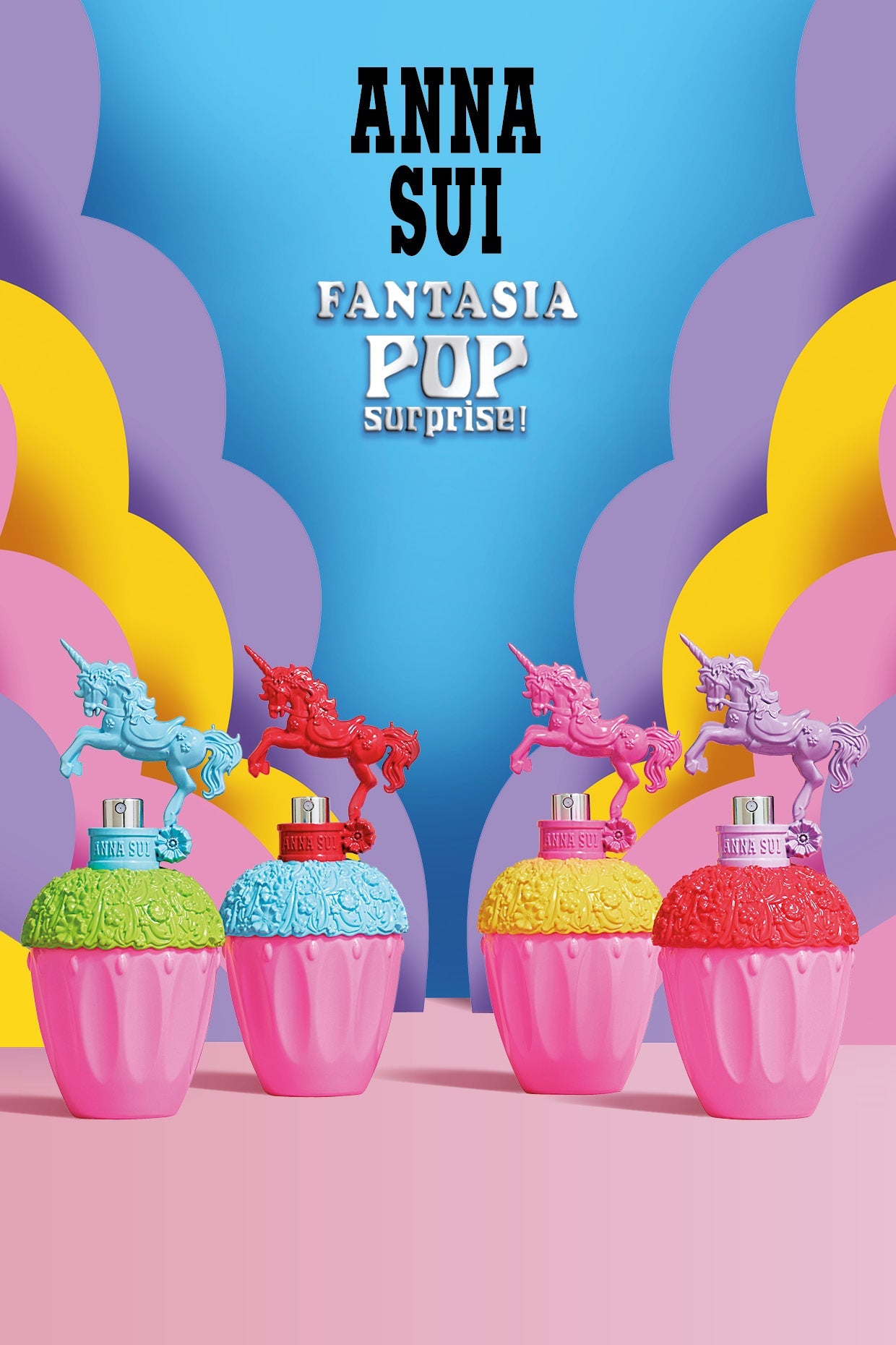 Pink cupcakes cup bottles, yellow, red, blue, or green cake, pink, red violet or blue unicorn on top 